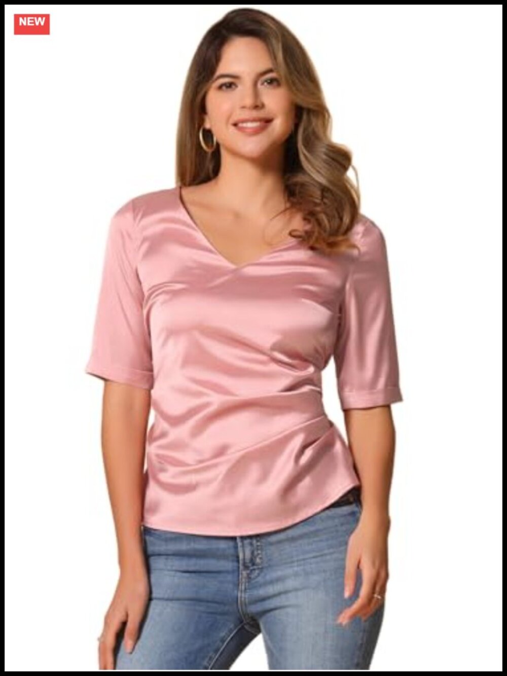Satin V Neck Short Sleeve Ruched Tie Back Blouse